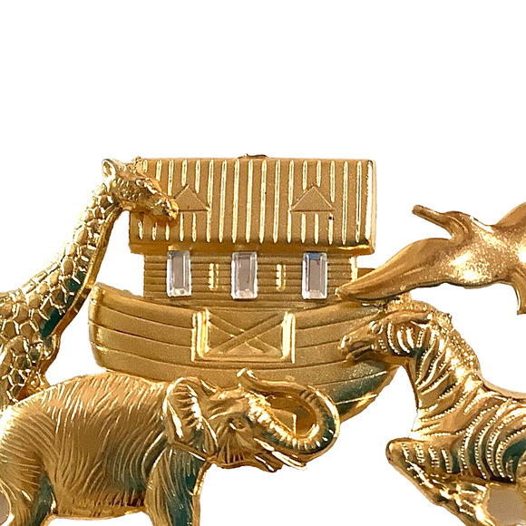 Noahs Ark 3" Brooch Pin Gold Tone Crystals Christian Religious Animals Bible NEW - Picture 2 of 5